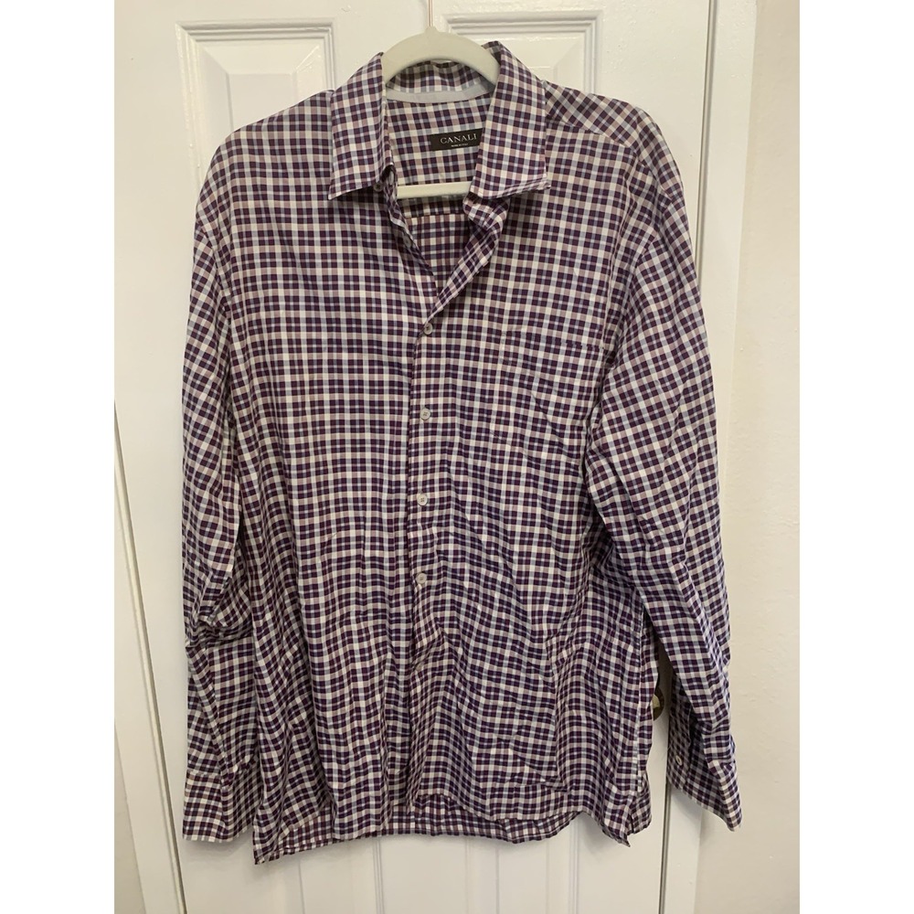 Canali Plaid Check Long Sleeve Men's Shirt Maroon White XL